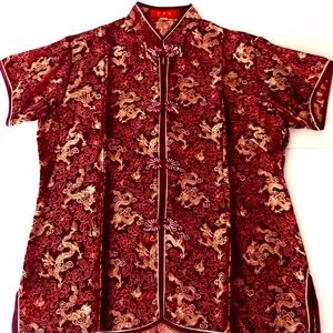 Chinese Style Blouse Short Sleeve Button XS Red